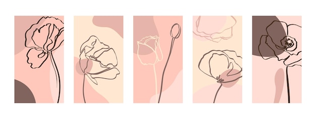 Establecer fondos con flores de amapola de una línea. Fondos de pantalla móviles abstractos en plantillas de estilo minimalista de moda para historias de redes sociales. Ilustración de vector en color rosa pastel