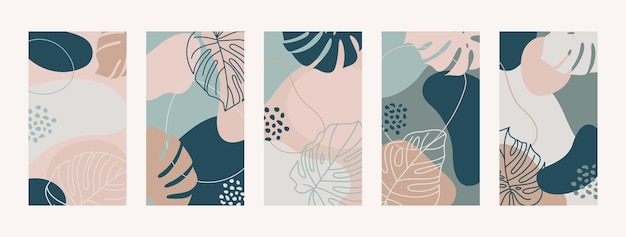 Establecer fondos con hojas de Monstera y formas abstractas. Fondos de pantalla móviles modernos en estilo minimalista y moderno para historias de redes sociales. Ilustración de vector en colores pastel verde, rosa, beige