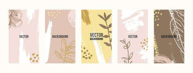 Establecer fondos de trazo de pincel con elementos florales. Fondos de pantalla móviles abstractos en plantillas minimalistas de estilo collage contemporáneo para historias de redes sociales. Ilustración de vector en color pastel