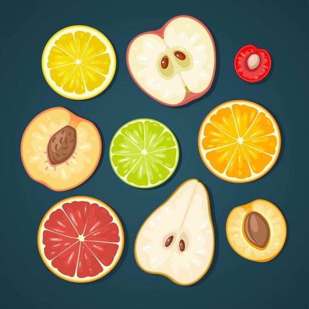Establecer frutas Albaricoque kiwi verde limón lima naranja melocotón pera cereza con sombra