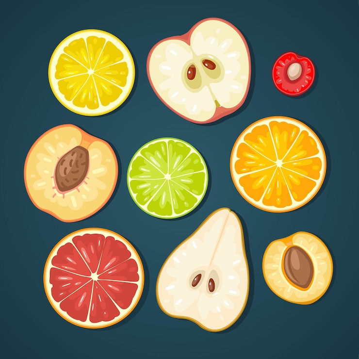 Vector establecer frutas albaricoque kiwi verde limón lima naranja melocotón pera cereza con sombra