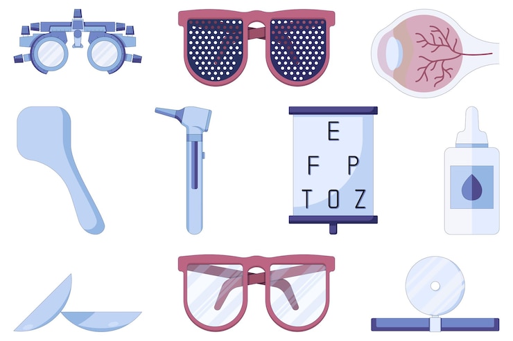 Vector establecer gafas de equipo de oftalmología y gotas para los ojos iconos en un estilo plano aislado en un blanco
