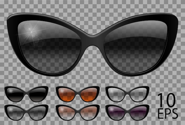 Vector establecer gafas.forma de ojo de gato mariposa.transparente color diferente negro marrón violeta.gafas de sol.3d gráficos.unisex mujeres hombres