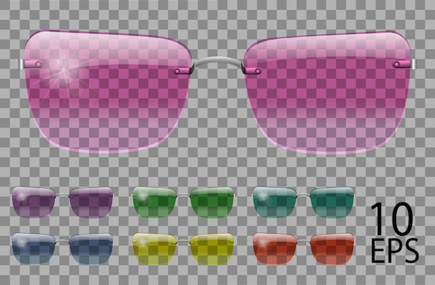 Vector establecer gafas.forma trapezoidal.transparente color diferente.gafas de sol.3d graphics.pink azul violeta amarillo rojo verde.unisex mujeres hombres