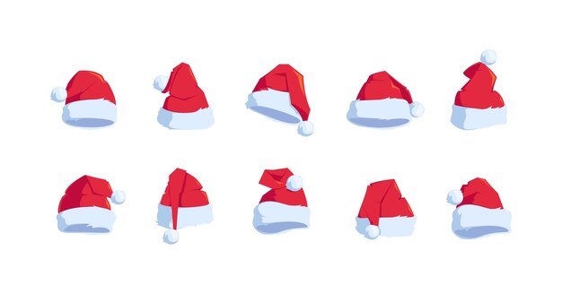 Establecer gorros de Papá Noel iconos aislados sobre fondo blanco Colección de gorros de Papá Noel de vacaciones Gorros de Navidad rojos con piel