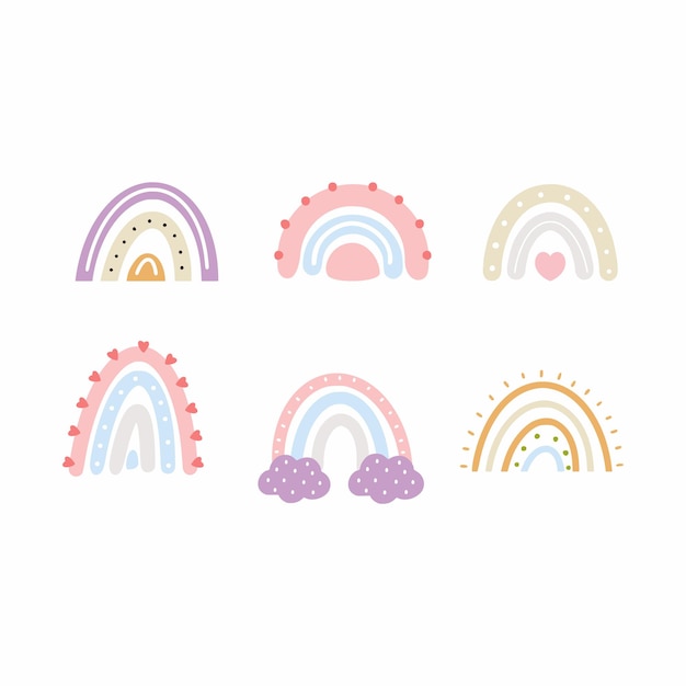 Establecer hermoso arco iris en estilo doodle. Nubes para postal infantil de diseño. Diseño de moda para niña.