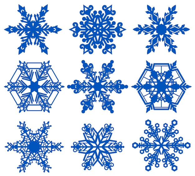 Establecer hielo de cristal de copo de nieve azul. Aislado en la ilustración de icono de vector blanco