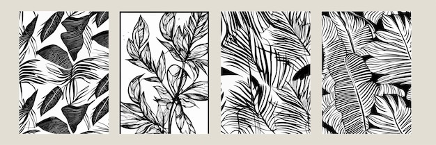 Establecer hojas exóticas de patrones sin fisuras en blanco y negro Fondo decorativo de vector abstracto con estilo Hojas de palmeras tropicales