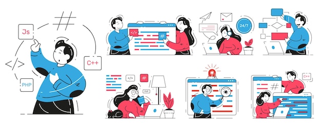 Establecer hombre y mujer programador profesional o ingeniero de software trabajando en vector de computadora