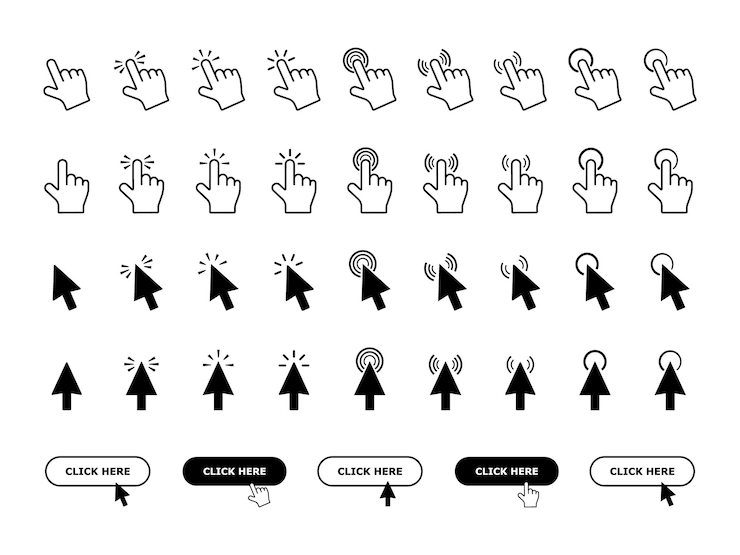 Vector establecer icono de clic de puntero de computadora hacer clic en flechas o herramientas de cursores de manos ilustración vectorial