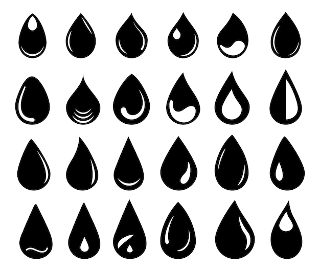 Establecer el icono de la gota en un fondo blanco Gotas de agua negras Establecer la forma de la gota de agua Gota de agua o aceite