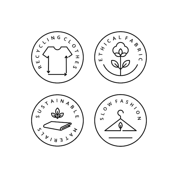 Vector establecer icono lineal de moda lenta. vector logo, insignia para la fabricación ecológica. símbolo de la ropa natural y de calidad. reciclaje de ropa. moda consciente. materiales éticos y eco sostenibles.