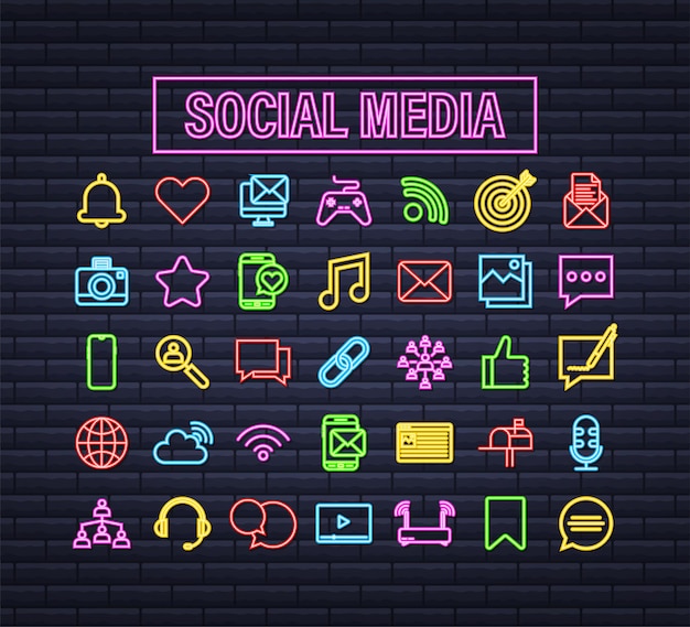 Establecer icono de neón de redes sociales. Icono de teléfono. Comunicación digital. Burbuja de chat. Ilustración de stock vectorial.