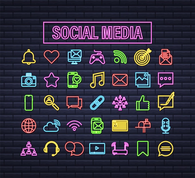 Establecer icono de neón de redes sociales. icono de teléfono. comunicación digital. burbuja de chat. ilustración de stock vectorial.