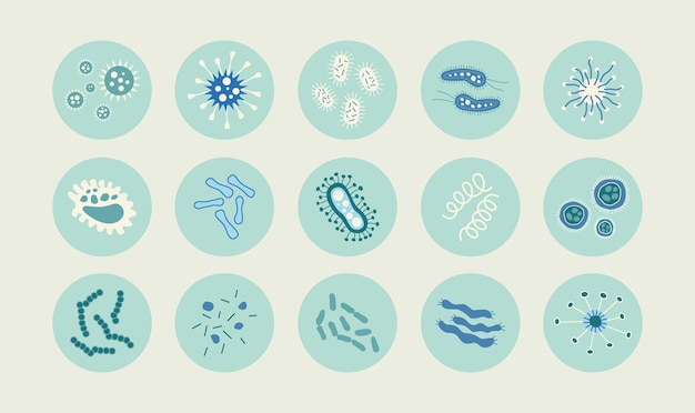 Establecer icono de paquete de microorganismos aislados Cartoon germsmicrobes bacteriaviruses infecciosos