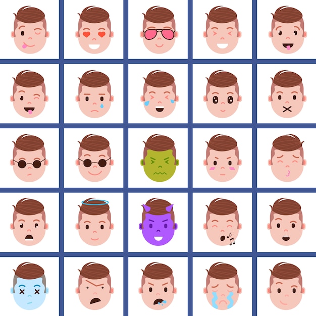 Vector establecer icono de personaje de emoji de cabeza de niño con emociones faciales, personaje de avatar, cara con concepto de emociones masculinas diferentes