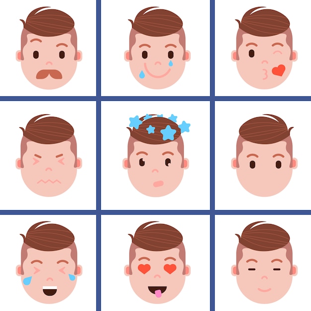 Vector establecer icono de personaje de emoji de cabeza de niño con emociones faciales, personaje de avatar, cara con concepto de emociones masculinas diferentes