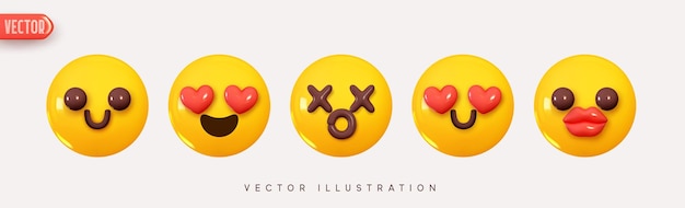 Establecer icono Sonrisa Emoji. Emociones 3d brillantes amarillas realistas Cara feliz, ojos de amor de corazones. ilustración vectorial