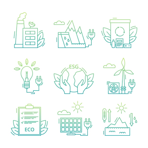 Establecer iconos ambientales, concepto ESG. Degradado. Ilustración de vector aislado sobre fondo blanco.