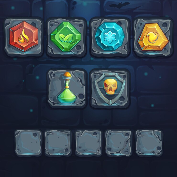 Vector establecer iconos en los botones de piedra. para juegos, interfaz de usuario, diseño.