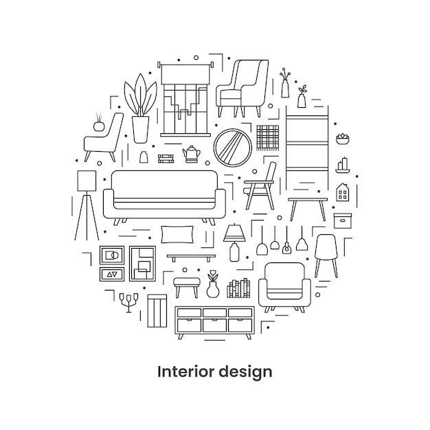 Establecer iconos concepto de diseño de interiores Plantilla de banner Ilustración de línea vectorial