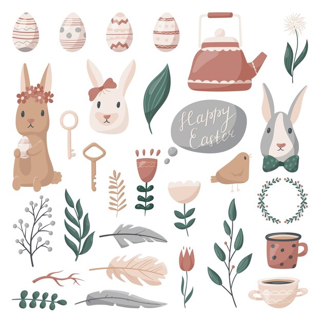 Establecer iconos de dibujos animados Pascua Lindos personajes y elementos de diseño huevos conejos doodle