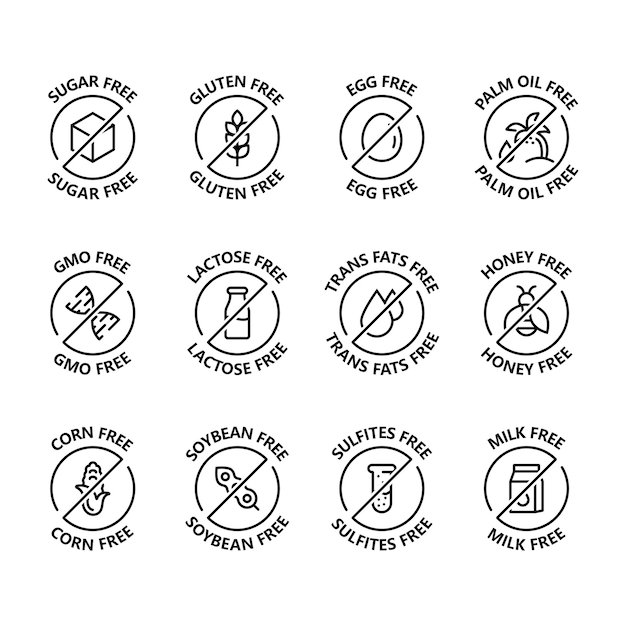 Establecer íconos libres de alérgenos Productos libres de alergenos Símbolos de advertencia de productos Lactosa gluten azúcar