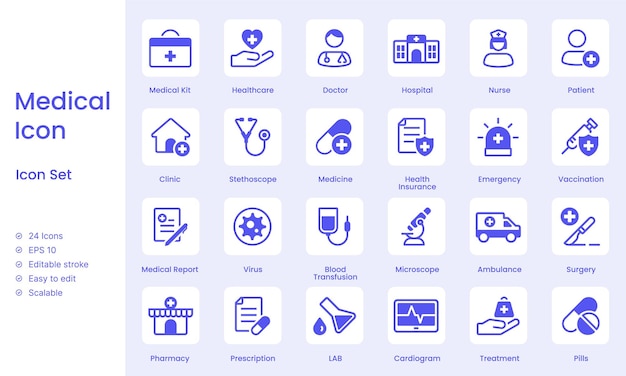 Establecer íconos de línea médica simples para sitios web y aplicaciones móviles