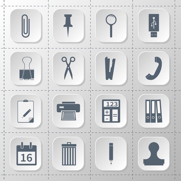 Establecer iconos planos suministros de oficina útiles escolares Icono gris aislado sobre fondo blanco Ilustración vectorial