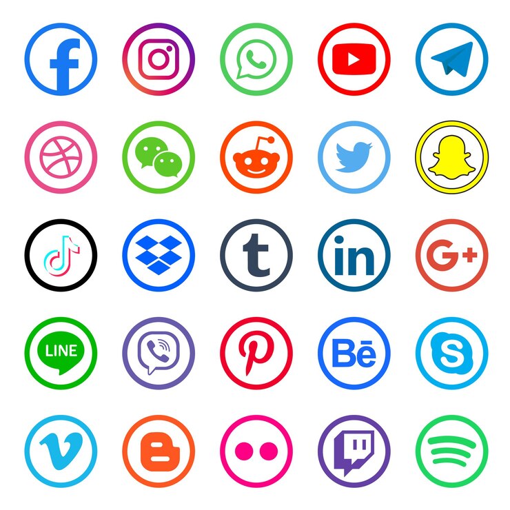 Vector establecer iconos de redes sociales populares. facebook, instagram, twitter, youtube, pinterest, behance, google plus, linkedin, whatsapp, snapchat y muchos más. vector editorial