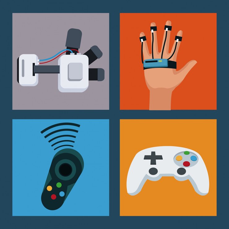 Vector establecer iconos de tecnología de dispositivo de realidad virtual inteligente