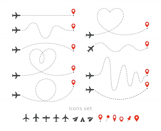 Establecer iconos de viaje en avión. Despegue y aterrizaje de un avión de pasajeros. Elementos de infografía de ruta de vuelo.