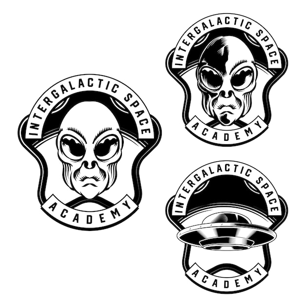 Vector establecer la ilustración de la cabeza del emblema de la insignia alienígena para el elemento de vector de diseño de insignia de logotipo