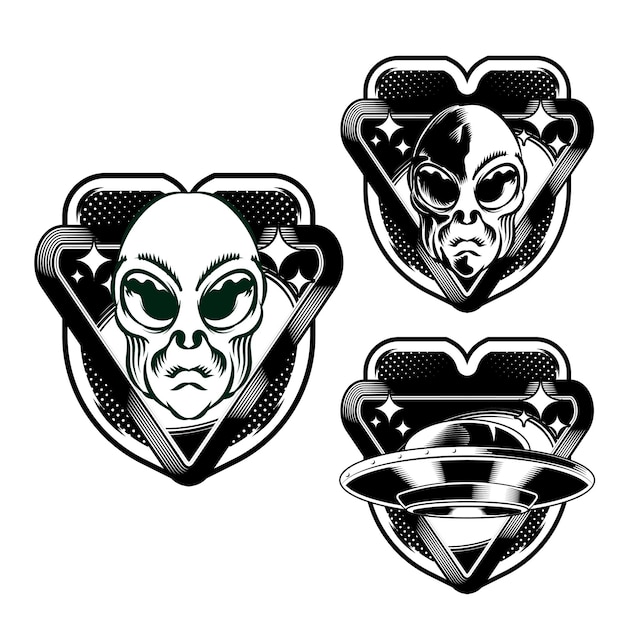 Establecer la ilustración de la cabeza del emblema de la insignia alienígena para el elemento de vector de diseño de insignia de logotipo