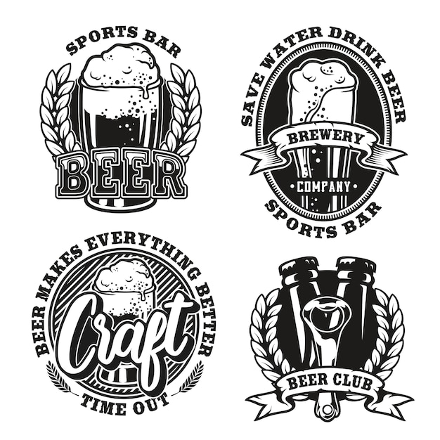 Establecer ilustración de cerveza sobre fondo blanco. los elementos y el texto de cada logotipo están en grupos separados. ideal para imprimir sobre tela y diversas decoraciones deportivas y de bares de cerveza.