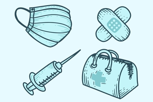 Establecer ilustración de máscara de primeros auxilios del inyector de herramientas de salud médica
