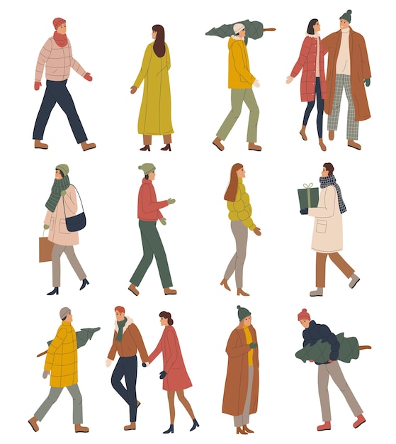 Establecer ilustración de personas en ropa de abrigo de invierno