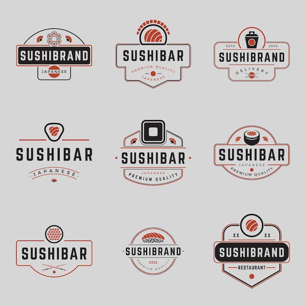 Establecer ilustración de vector de plantilla de identificación de marca de emblema de barra de sushi retro minimalista