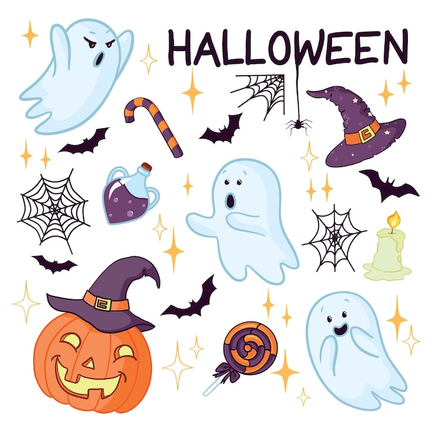 Establecer ilustración vectorial de elementos de diseño de truco o trato retro divertido peculiar de Halloween, como calabazas y más.