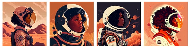 Establecer ilustración vectorial de mujer africana en traje espacial en otro planeta