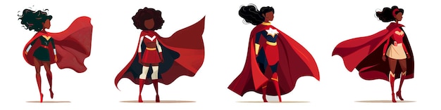 Establecer ilustración vectorial de mujer superhéroe en vestido rojo