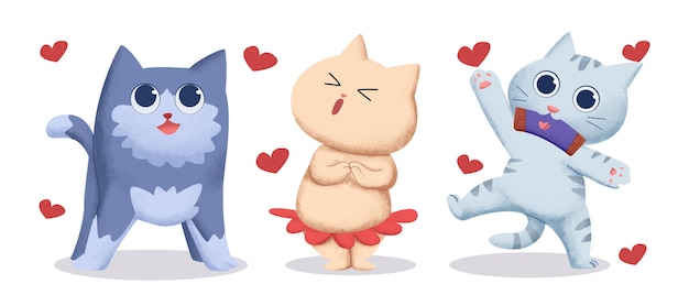 Establecer ilustraciones en acuarela de gato en tema de san valentín