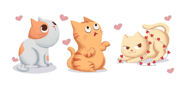 Establecer ilustraciones en acuarela de gato en tema de san valentín