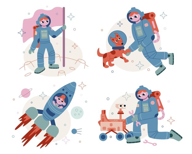 Establecer ilustraciones de dibujos animados planos vectoriales Aventuras espaciales Exploración espacial Astronauta en el planeta