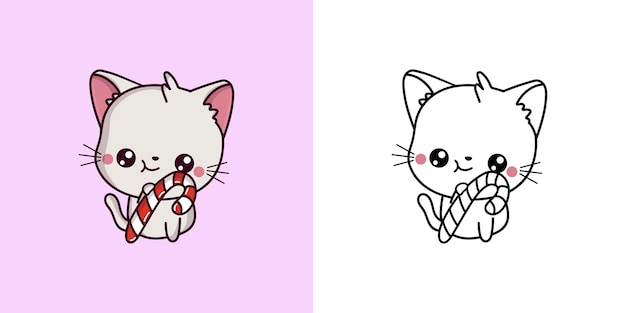 Establecer imágenes prediseñadas Navidad gato blanco página para colorear e ilustración coloreada kawaii xmas kitty