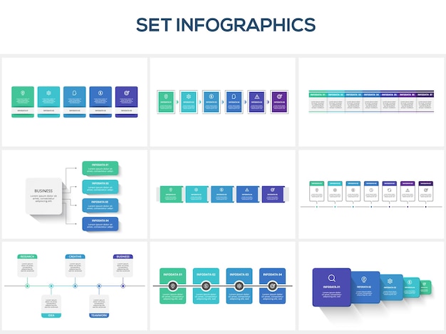 Establecer infografía con 4 5 6 7 pasos opciones partes o procesos visualización de datos comerciales