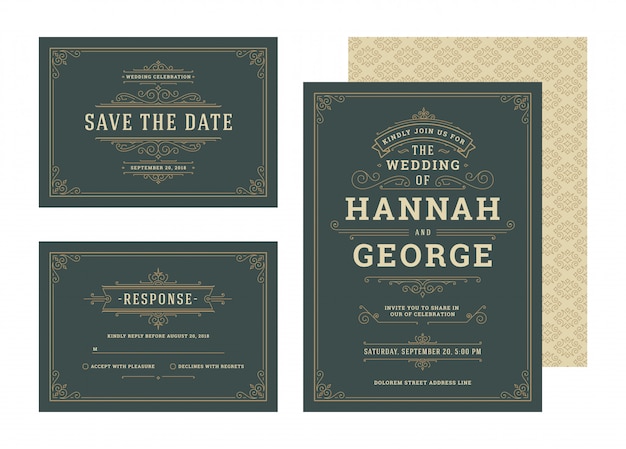 Establecer invitaciones de boda florece adornos plantilla de tarjetas. Invita, guarda la fecha y el diseño de respuesta.