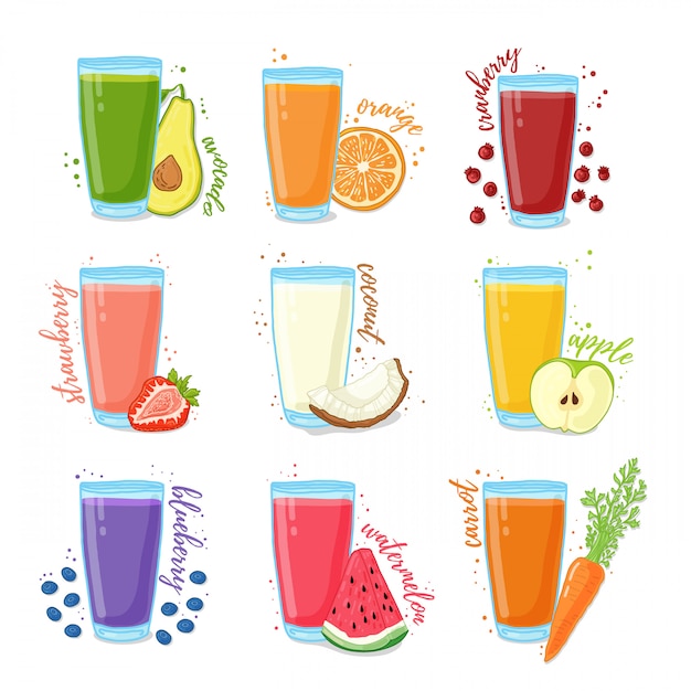 Vector establecer jugos de frutas y verduras. colección de ilustraciones de bebidas para una dieta saludable. jugo de bayas, frutas y verduras para vegetarianos.