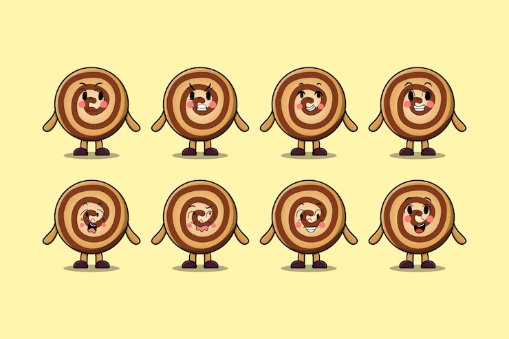 Vector establecer kawaii cookies personaje de dibujos animados con diferentes expresiones cara de dibujos animados ilustraciones vectoriales