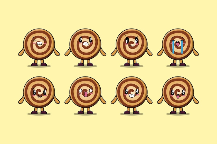 Vector establecer kawaii cookies personaje de dibujos animados con diferentes expresiones cara de dibujos animados ilustraciones vectoriales